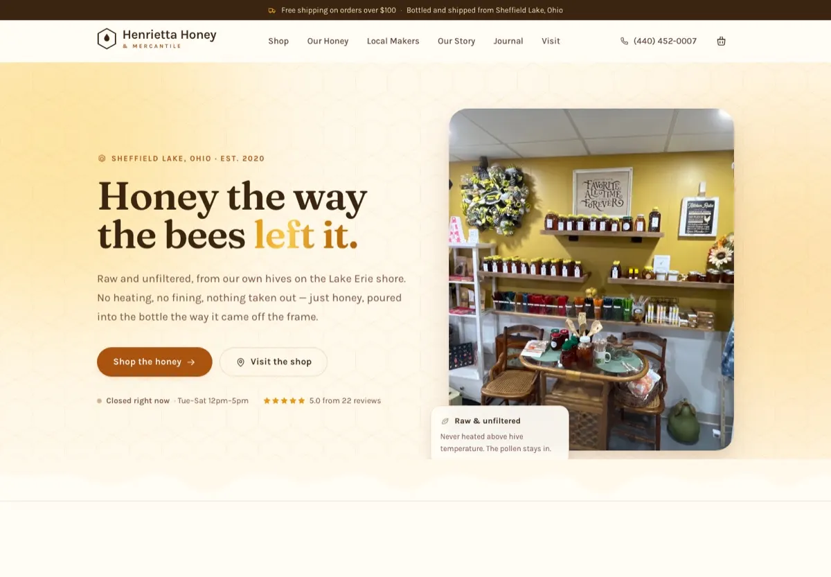 Screenshot of the Henrietta Honey & Mercantile website