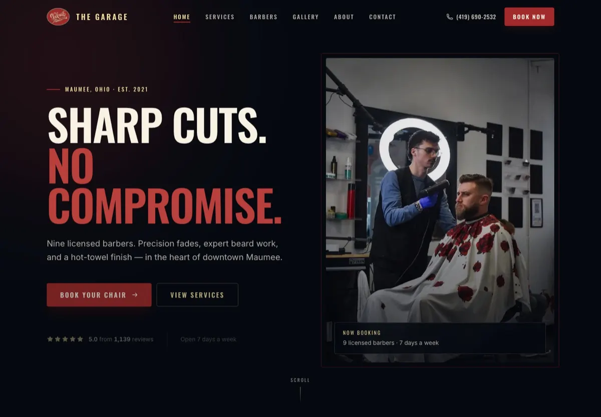 Screenshot of The Garage Barbershop website